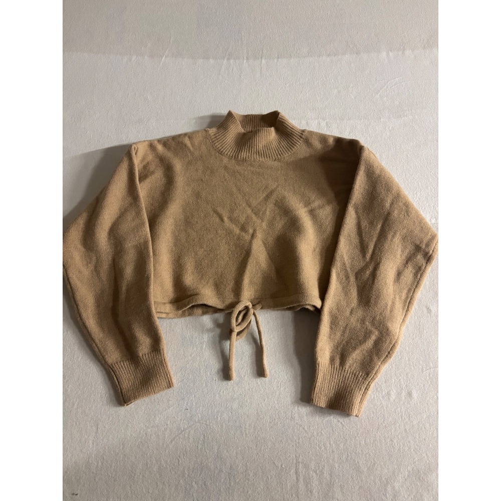 Debut Super Plush Tie Front Mock Neck Pullover Cropped Sweater Camel Tan Medium